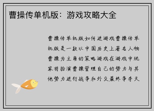 曹操传单机版：游戏攻略大全
